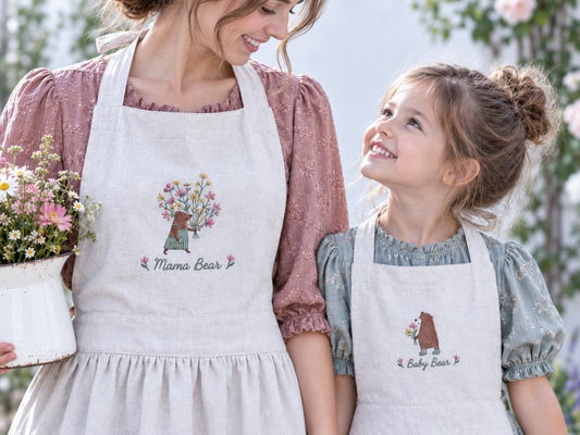 Personalized Mommy and Me Aprons, Matching Mom and Kids Linen Apron Set, Hand Embroidered Mama Bear & Baby Bear, Custom Name Gift