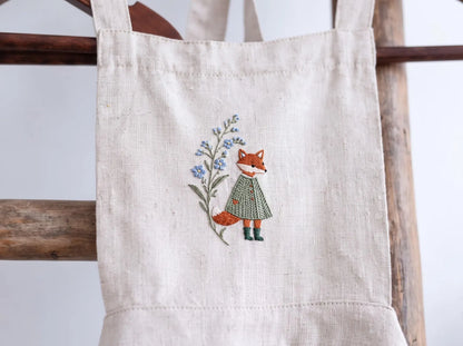 Personalized Mommy and Me Aprons, Matching Mom and Kids Linen Apron Set, Hand Embroidered Blue Wildflowers & Fox, Custom Name Family Gift