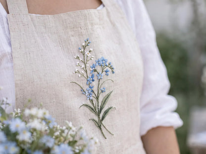 Personalized Mommy and Me Aprons, Matching Mom and Kids Linen Apron Set, Hand Embroidered Blue Wildflowers & Fox, Custom Name Family Gift